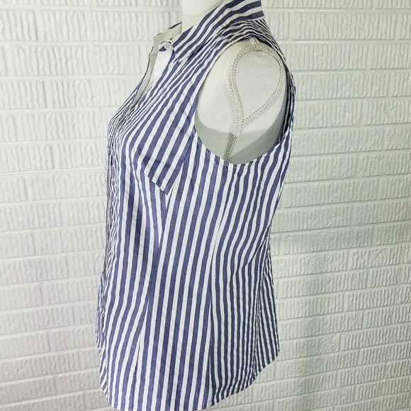 Lafayette 148 New York Blouse Sleeveless Button Front Blue White Stripe - Picture 6 of 13